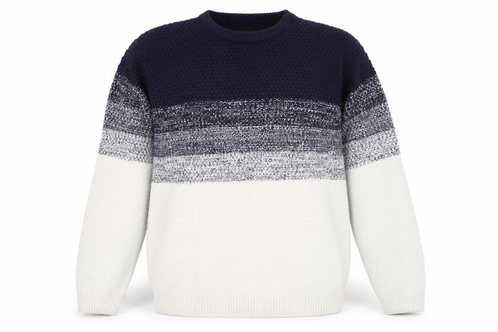 Front view of River Island Men's Blue Striped Knit Jumper, size S, Crew Neck