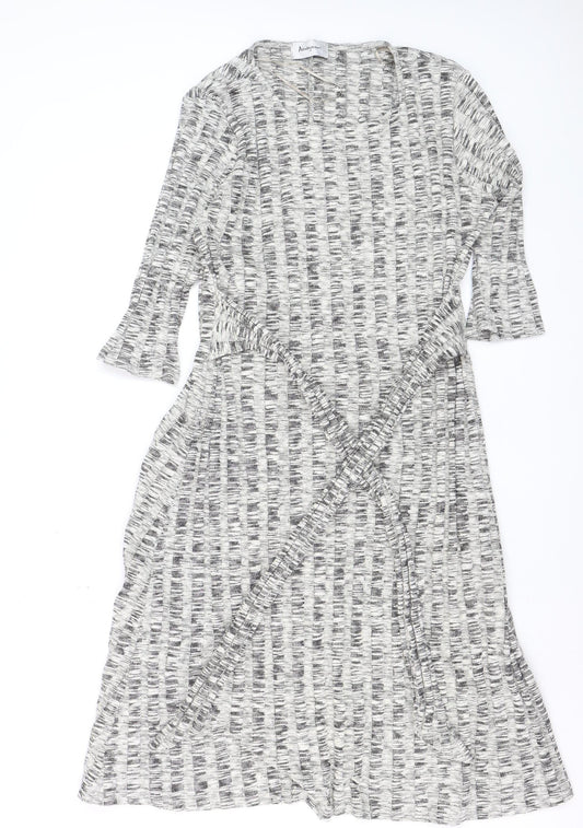 Front view of Anonymous Women Grey Black, size 16, Wrap Midi Dress 3/4 Sleeve