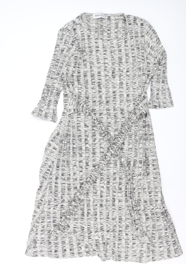Anonymous Women Grey Black Size 16 Wrap Midi Dress 3/4 Sleeve