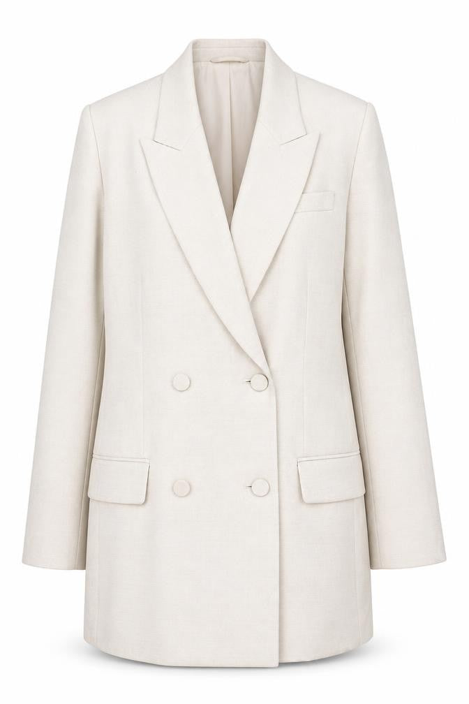 Front view of H&M Women’s Beige Double-Breasted Blazer Jacket, size S