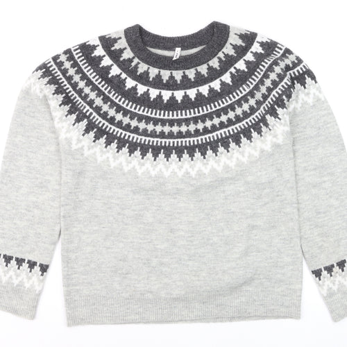 ONLY Men’s Grey Fair Isle Wool Jumper Size M Crew Neck Winter Knit