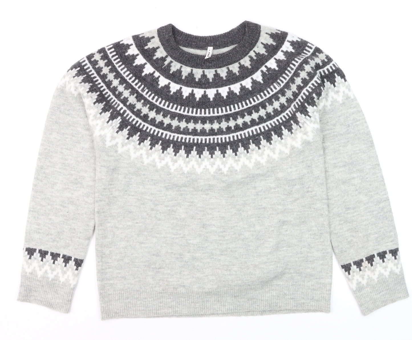 ONLY Men’s Grey Fair Isle Wool Jumper Size M Crew Neck Winter Knit