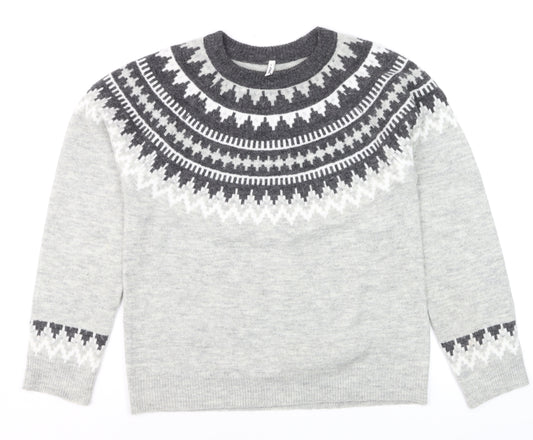 ONLY Men’s Grey Fair Isle Wool Jumper Size M Crew Neck Winter Knit