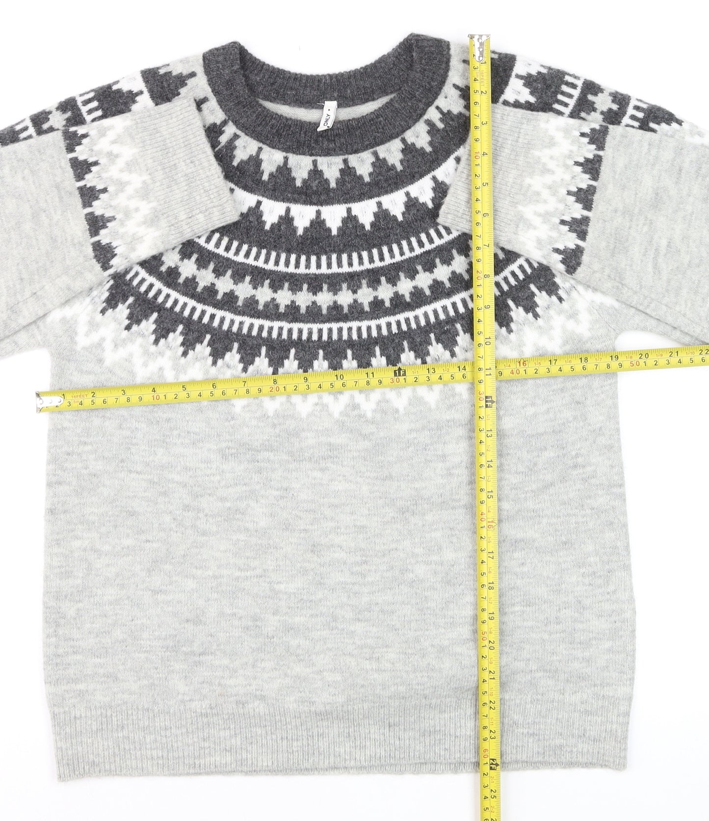 ONLY Men’s Grey Fair Isle Wool Jumper Size M Crew Neck Winter Knit