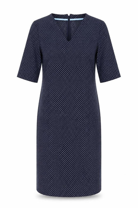 Front view of Kyra & Ko Women’s Blue Polka Dot Sheath Dress, size UK 6, V-Neck