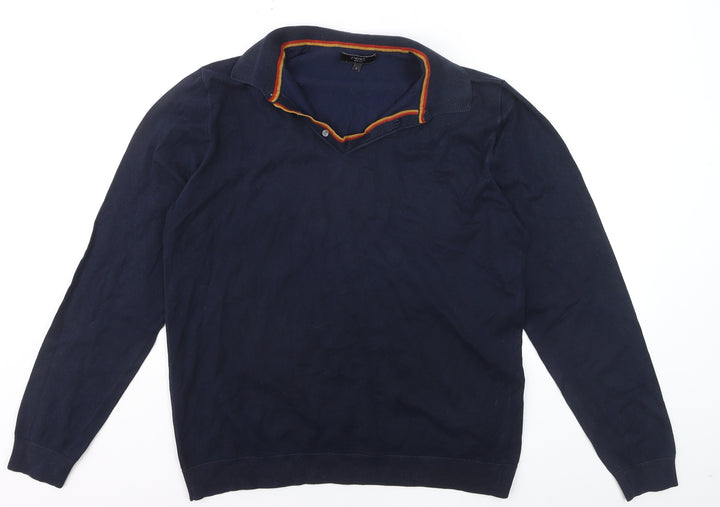 Next Men Blue Collared Long Sleeve Cotton Knit Jumper L