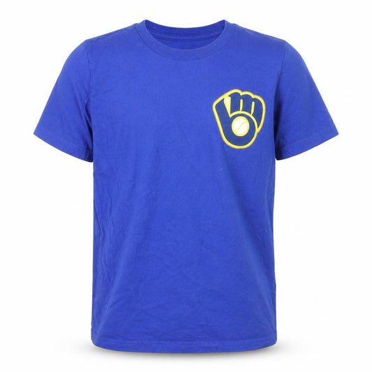 Front view of MLB Genuine Merchandise boys’ blue baseball t-shirt yelich 22, size 8/10, cotton
