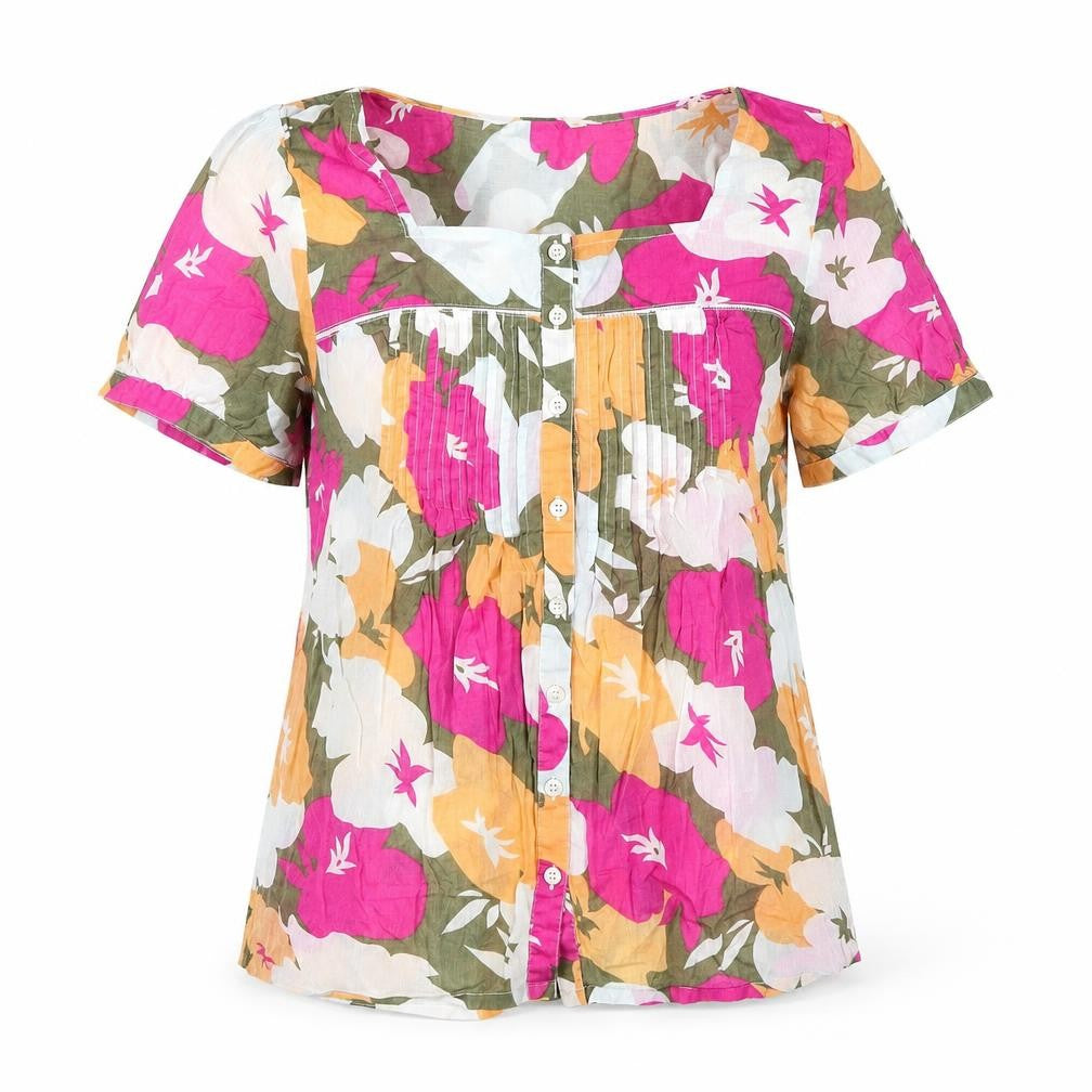 Front view of Cotton Traders Women's Multicoloured Floral Blouse, size 12, Short Sleeve