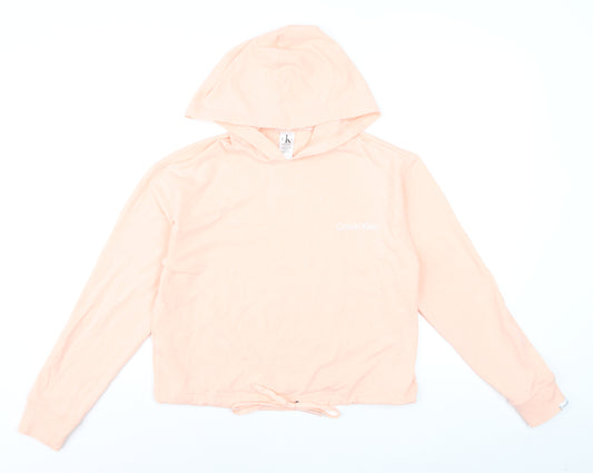 Calvin Klein Women Peach Hooded Pullover Hoodie XS Drawstring Hem