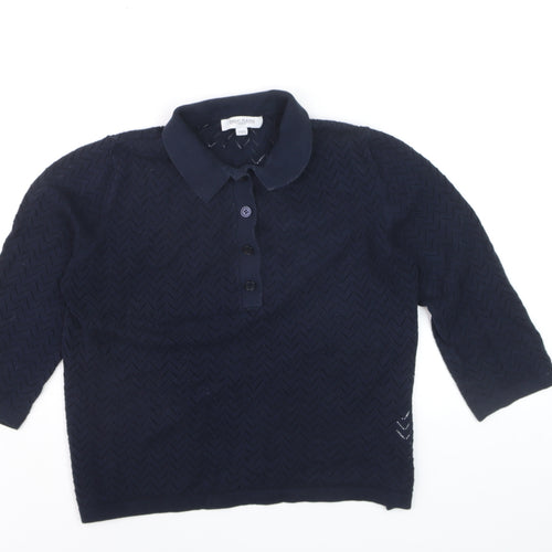 Great Plains Womens Blue Collared Henley Knit Jumper Size 12