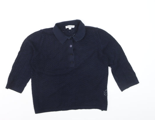 Great Plains Womens Blue Collared Henley Knit Jumper Size 12