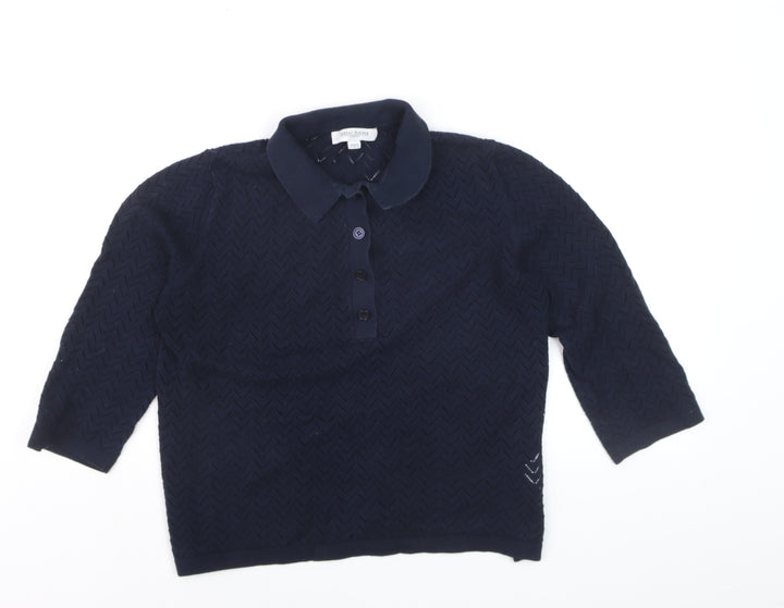 Great Plains Womens Blue Collared Henley Knit Jumper Size 12