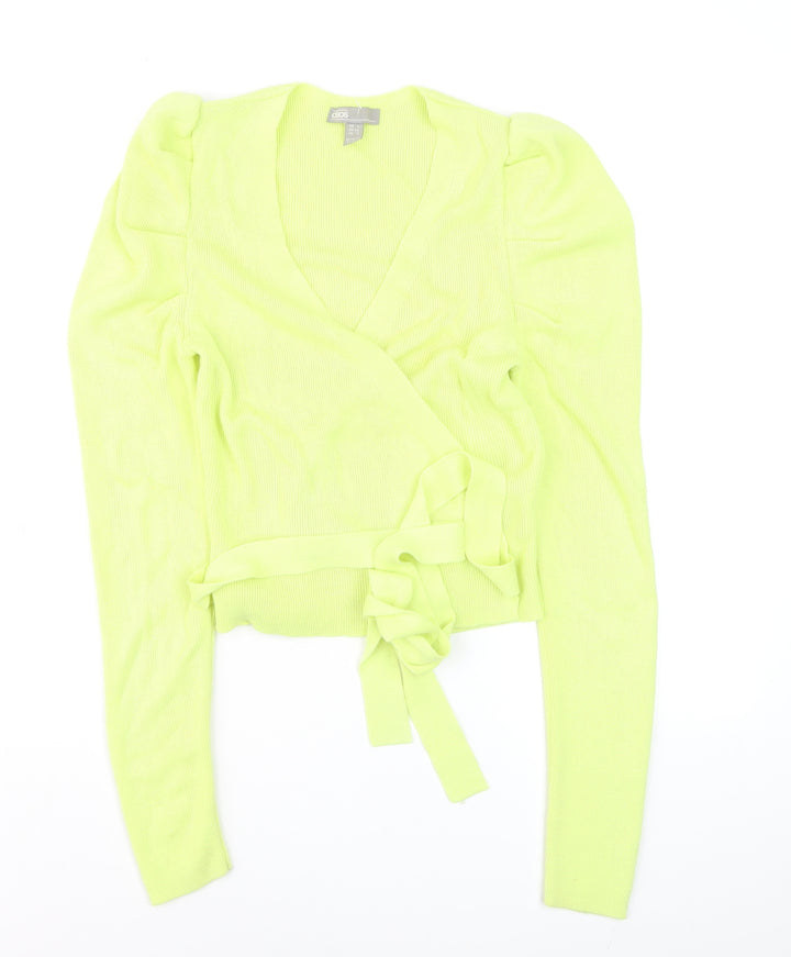 ASOS Women's Green Wrap V-Neck Slim Fit Puff Sleeve Jumper Size 6