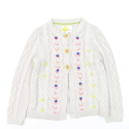 Mini Boden Girls Beige Cable Knit Cardigan 7-8 Years Button Embroidered Cotton