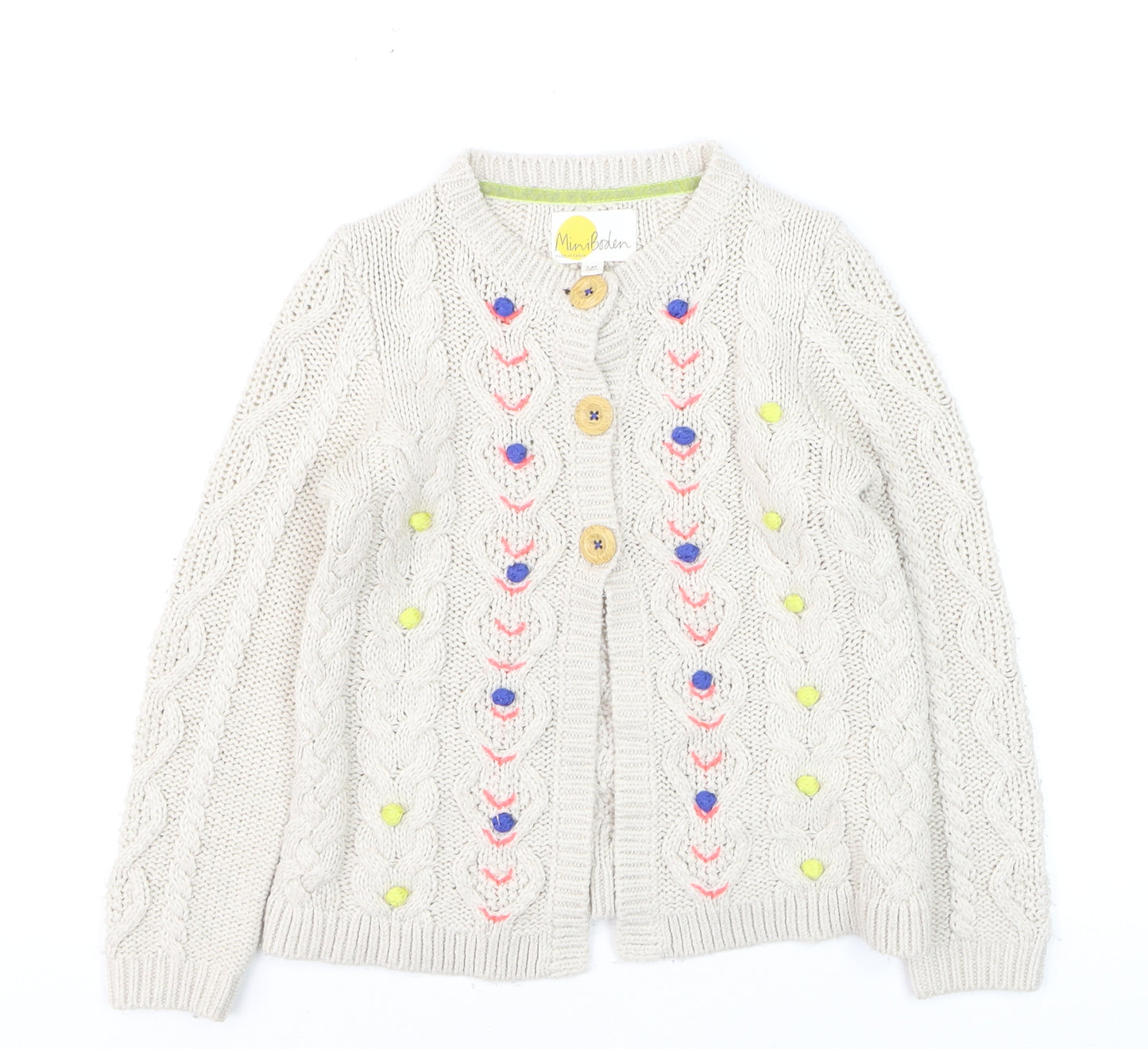 Mini Boden Girls Beige Cable Knit Cardigan 7-8 Years Button Embroidered Cotton