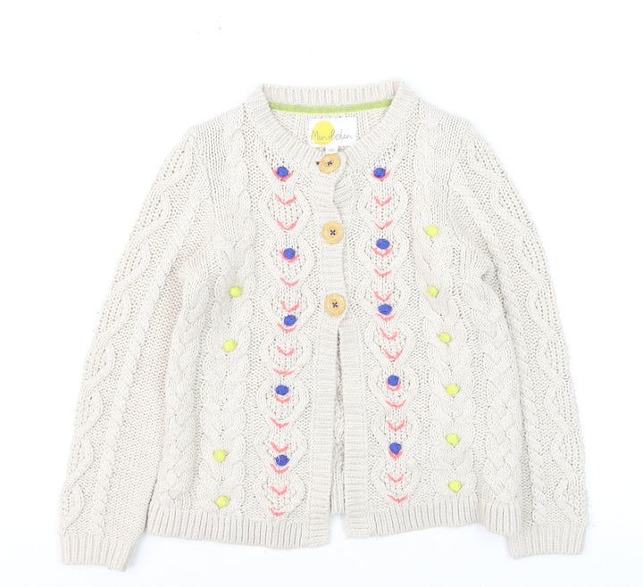 Mini Boden Girls Beige Cable Knit Cardigan 7-8 Years Button Embroidered Cotton