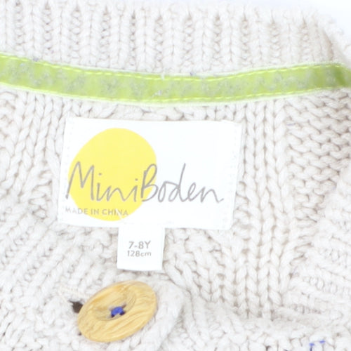 Mini Boden Girls Beige Cable Knit Cardigan 7-8 Years Button Embroidered Cotton