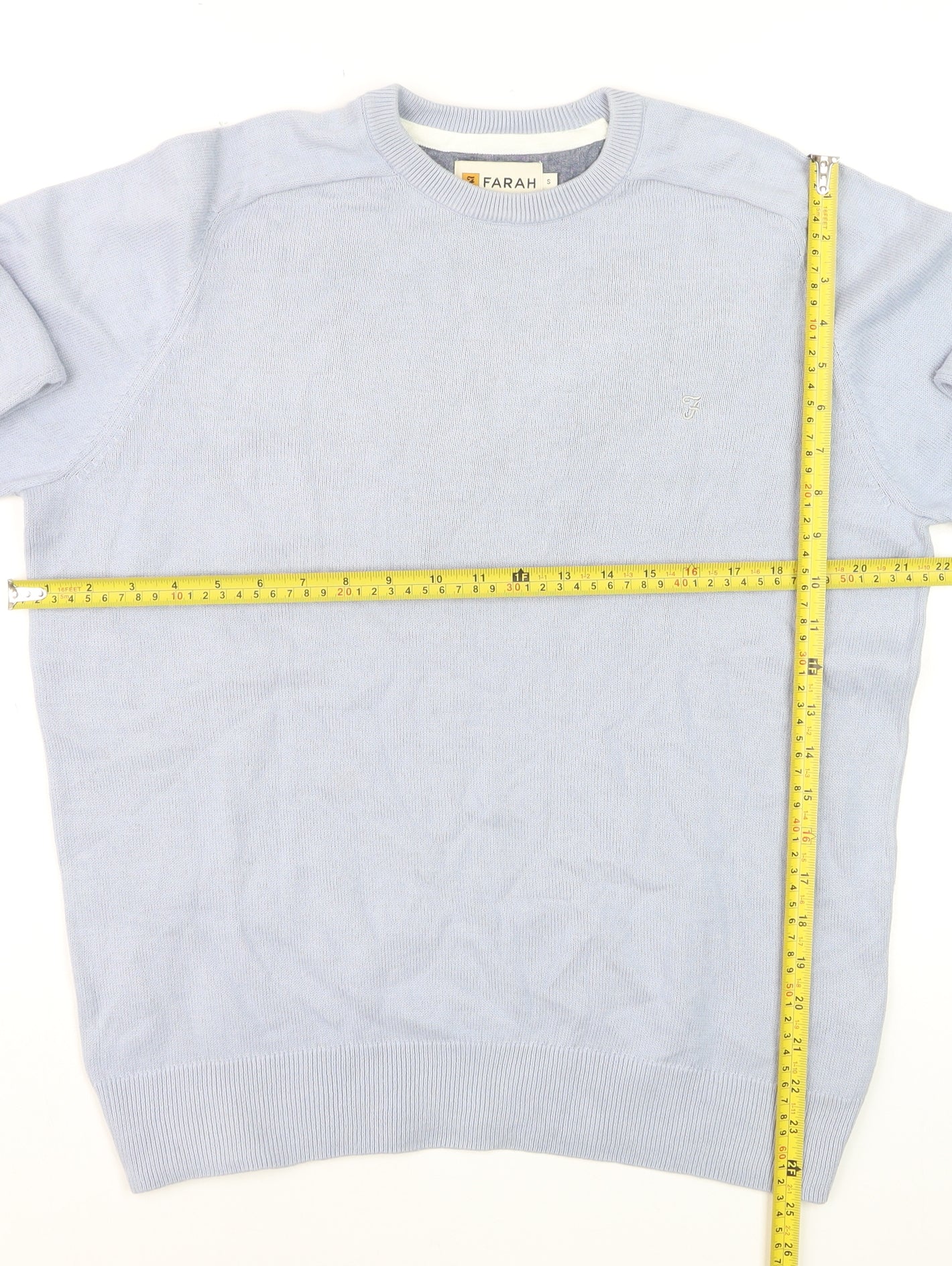 Farah Men's Light Blue Cotton Crew Neck Jumper S Modern Fit