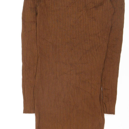 Amisu Women Brown Ribbed Mock Neck Long Sleeve Pullover Jumper M