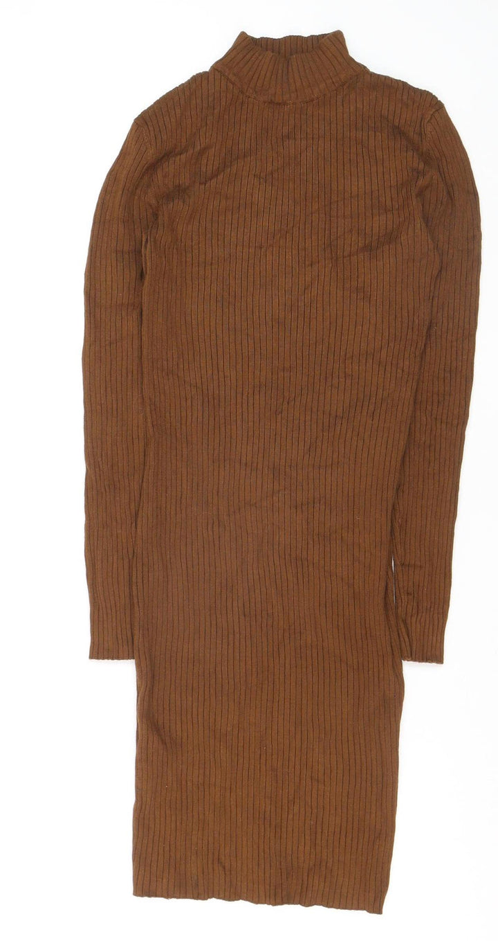 Amisu Women Brown Ribbed Mock Neck Long Sleeve Pullover Jumper M