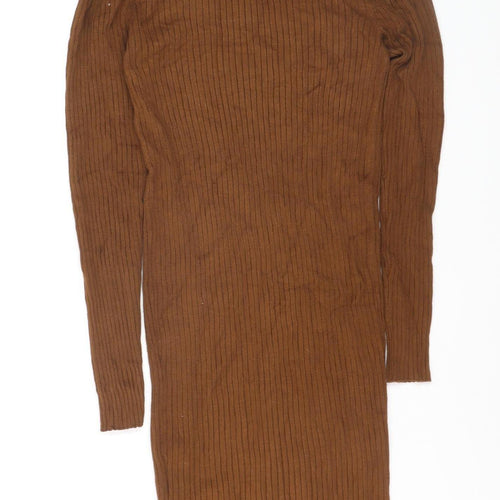 Amisu Women Brown Ribbed Mock Neck Long Sleeve Pullover Jumper M