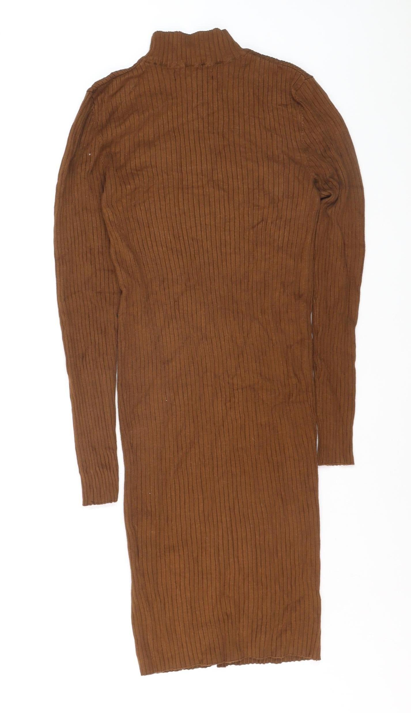 Amisu Women Brown Ribbed Mock Neck Long Sleeve Pullover Jumper M