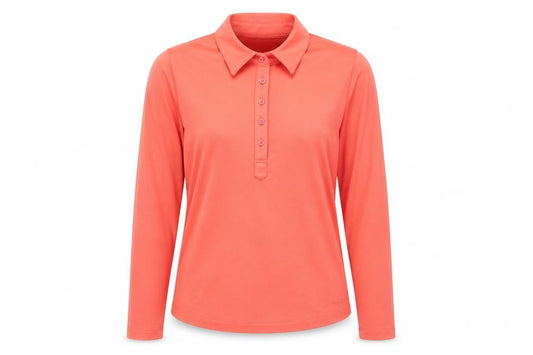 Front view of Rohan women’s coral long sleeve polo shirt, size M, polyester