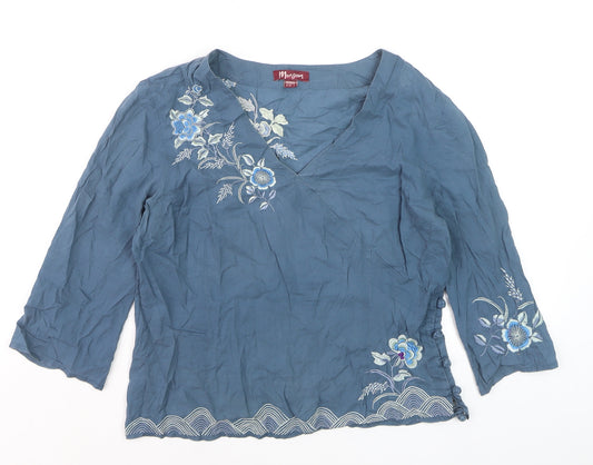 Monsoon Women's Blue Embroidered 3/4 Sleeve Wrap Blouse Size 12