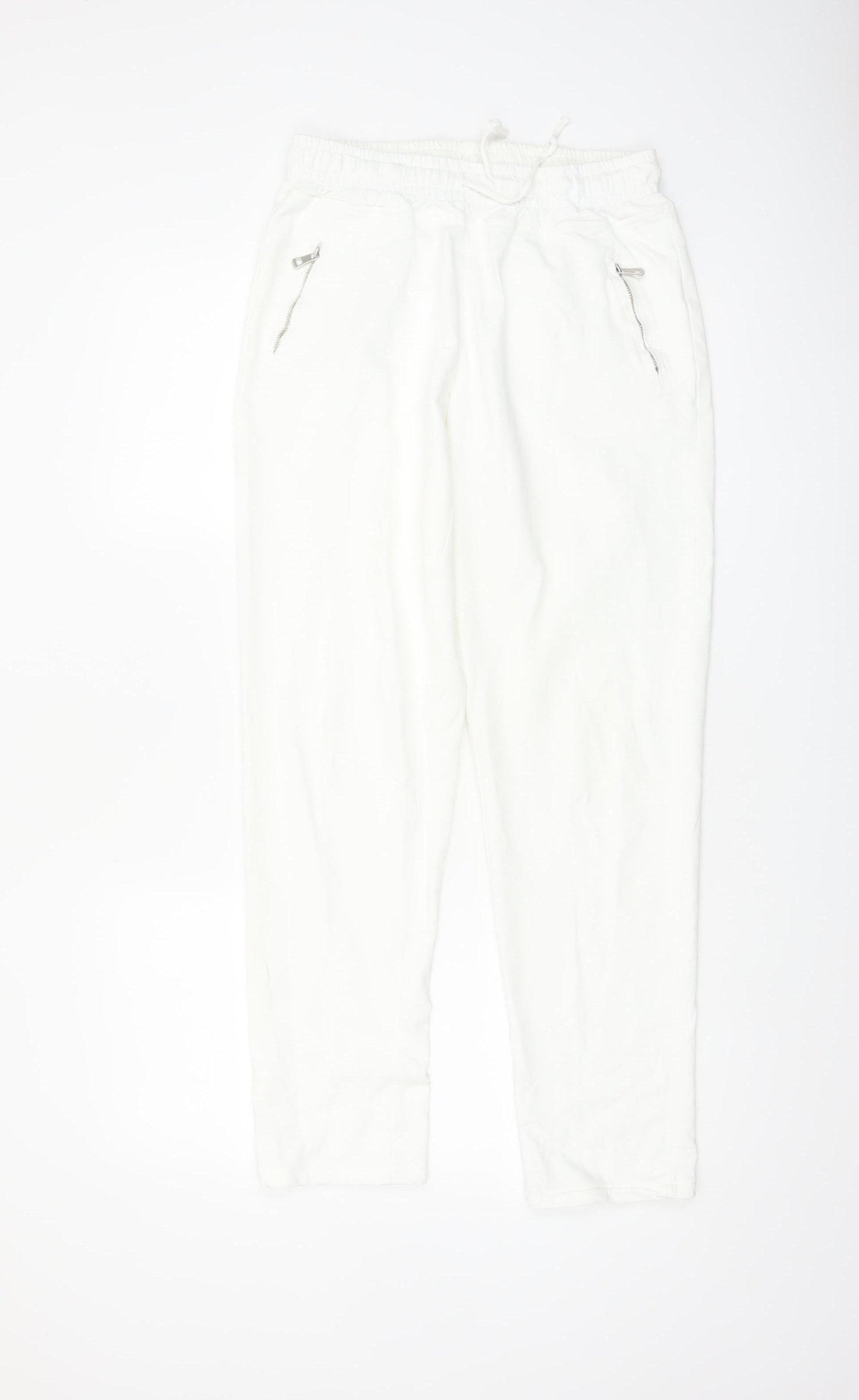 Luna Women White Jogger Trousers M Cotton Blend Elastic Waist
