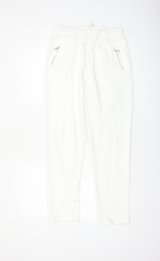 Luna Women White Jogger Trousers M Cotton Blend Elastic Waist
