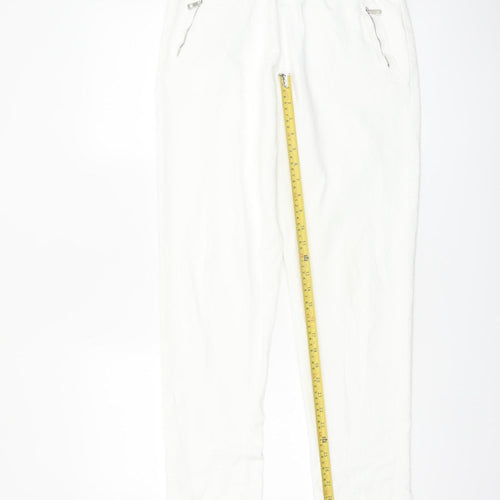 Luna Women White Jogger Trousers M Cotton Blend Elastic Waist