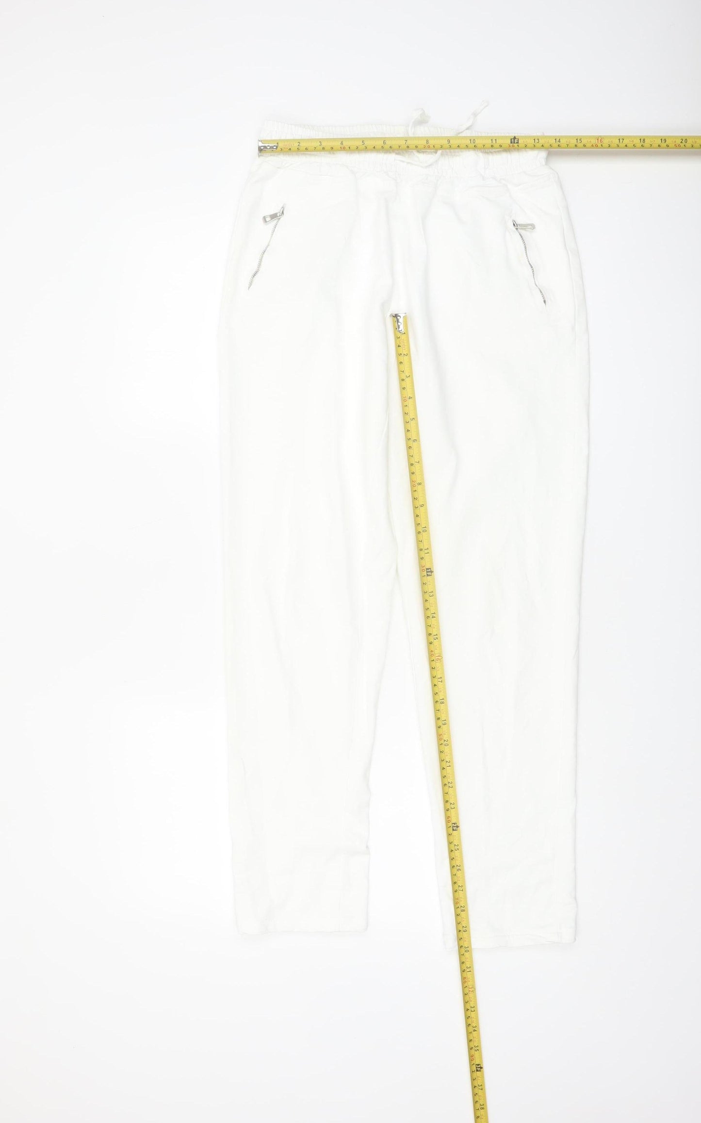 Luna Women White Jogger Trousers M Cotton Blend Elastic Waist