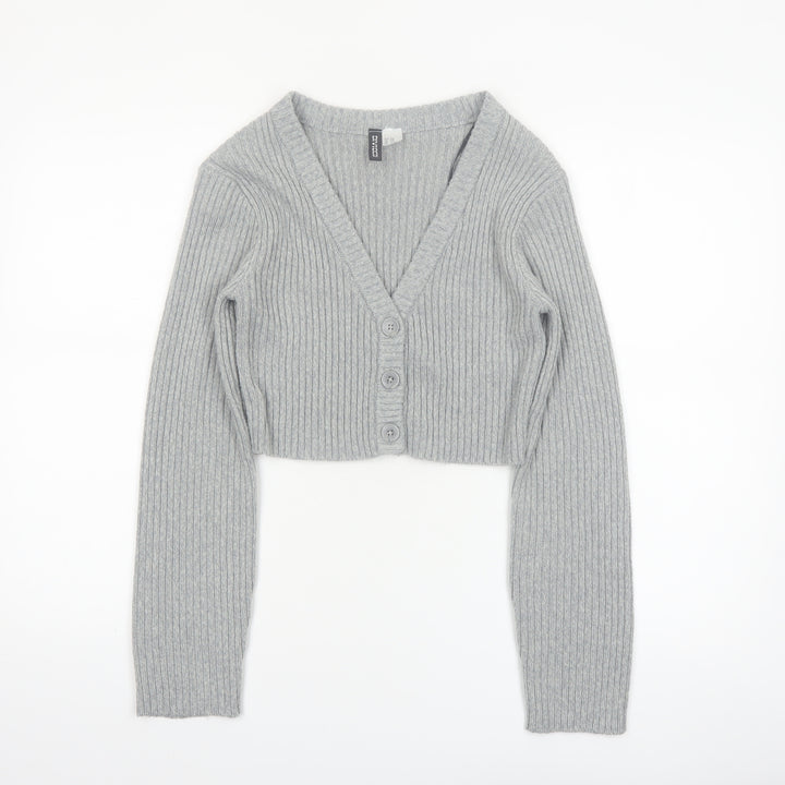 H&M Divided Women's Grey Ribbed Cropped Cardigan XXS Acrylic Knit