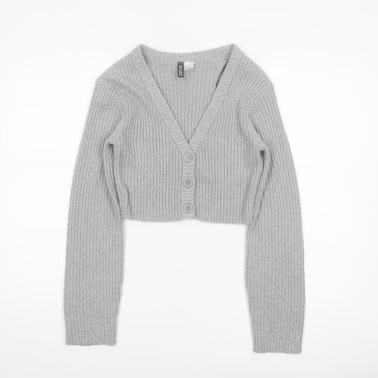 H&M Divided Women's Grey Ribbed Cropped Cardigan XXS Acrylic Knit