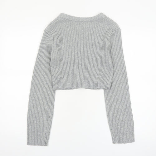 H&M Divided Women's Grey Ribbed Cropped Cardigan XXS Acrylic Knit