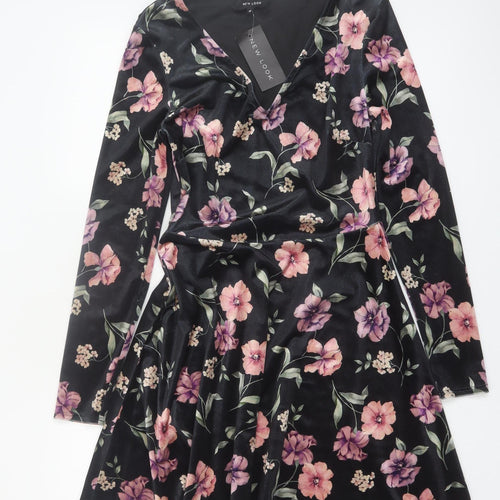 New Look Women Black Floral Velvet Skater Dress Size 10