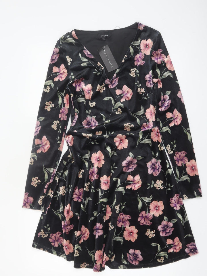 New Look Women Black Floral Velvet Skater Dress Size 10