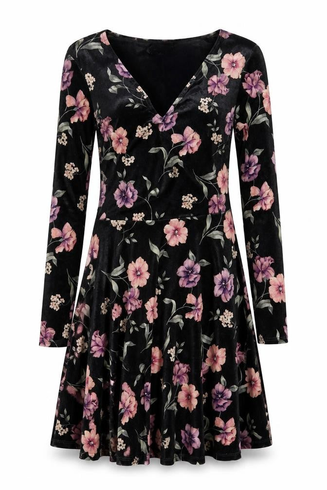 New Look Women Black Floral Velvet Skater Dress Size 10