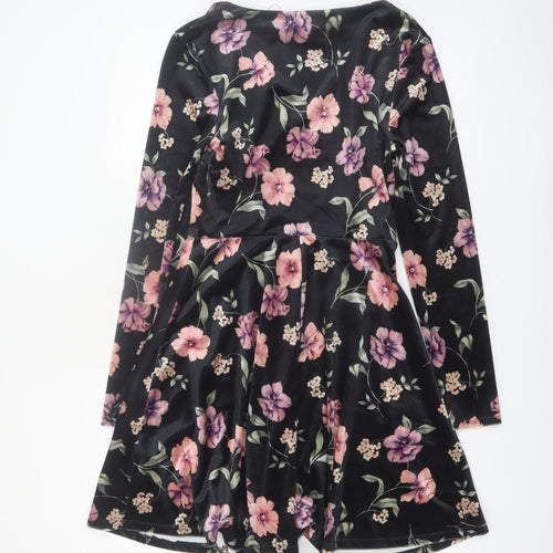 New Look Women Black Floral Velvet Skater Dress Size 10