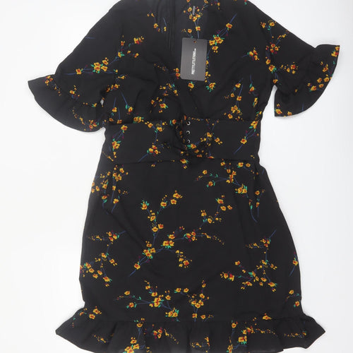 PrettyLittleThing Women Black Floral Wrap Short Dress Size 16