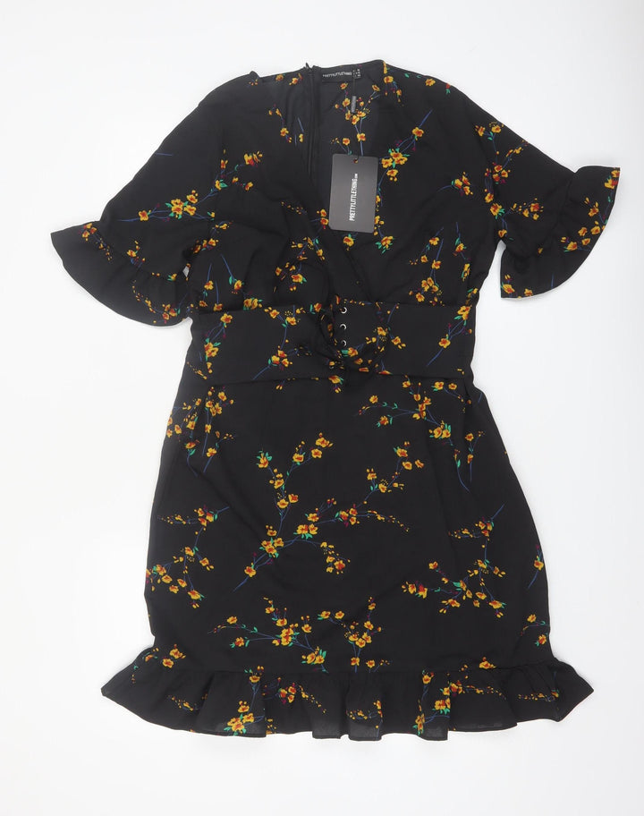 PrettyLittleThing Women Black Floral Wrap Short Dress Size 16