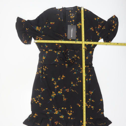 PrettyLittleThing Women Black Floral Wrap Short Dress Size 16