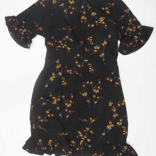 PrettyLittleThing Women Black Floral Wrap Short Dress Size 16