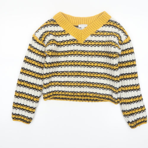 Topshop Women’s Multicoloured Striped Chunky Knit V-Neck Jumper Size 8 Tall