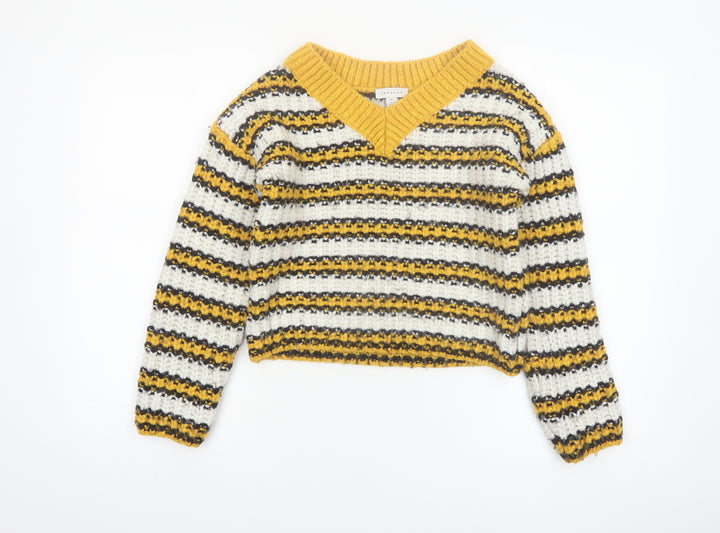 Topshop Women’s Multicoloured Striped Chunky Knit V-Neck Jumper Size 8 Tall