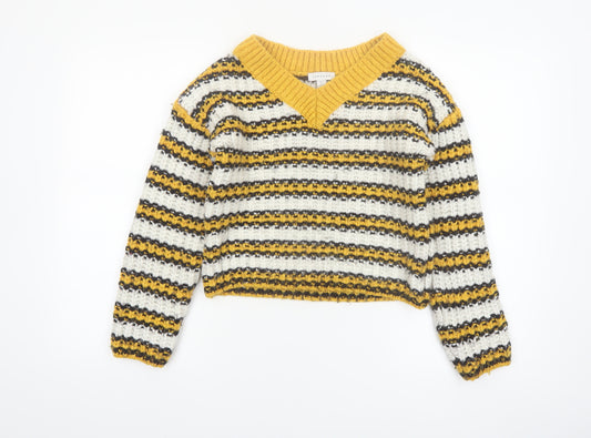 Topshop Women’s Multicoloured Striped Chunky Knit V-Neck Jumper Size 8 Tall