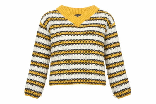 Front view of Topshop Women’s Multicoloured Striped Chunky Knit V-Neck Jumper, size UK 8, Tall