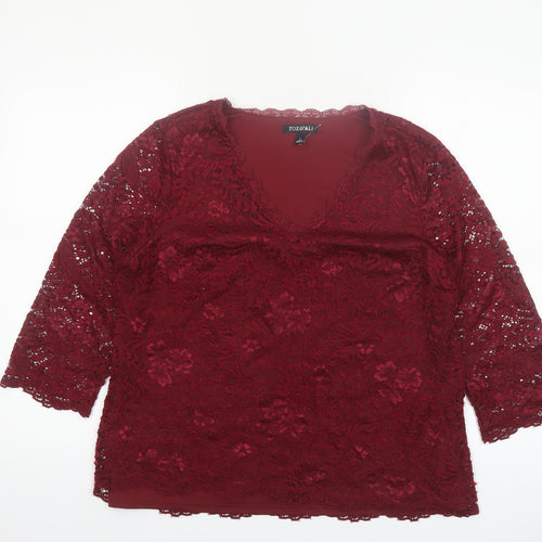 Roz & Ali Women's Red Lace 3/4 Sleeve V-Neck Blouse Size L