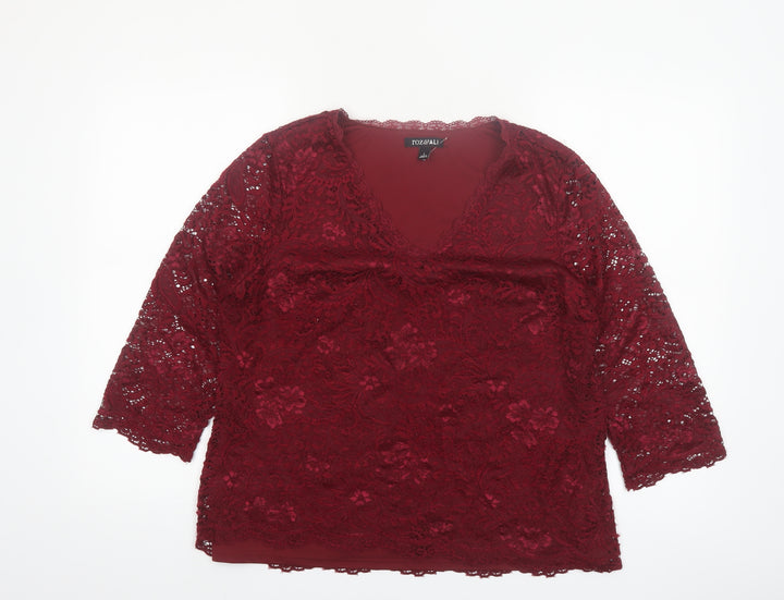 Roz & Ali Women's Red Lace 3/4 Sleeve V-Neck Blouse Size L
