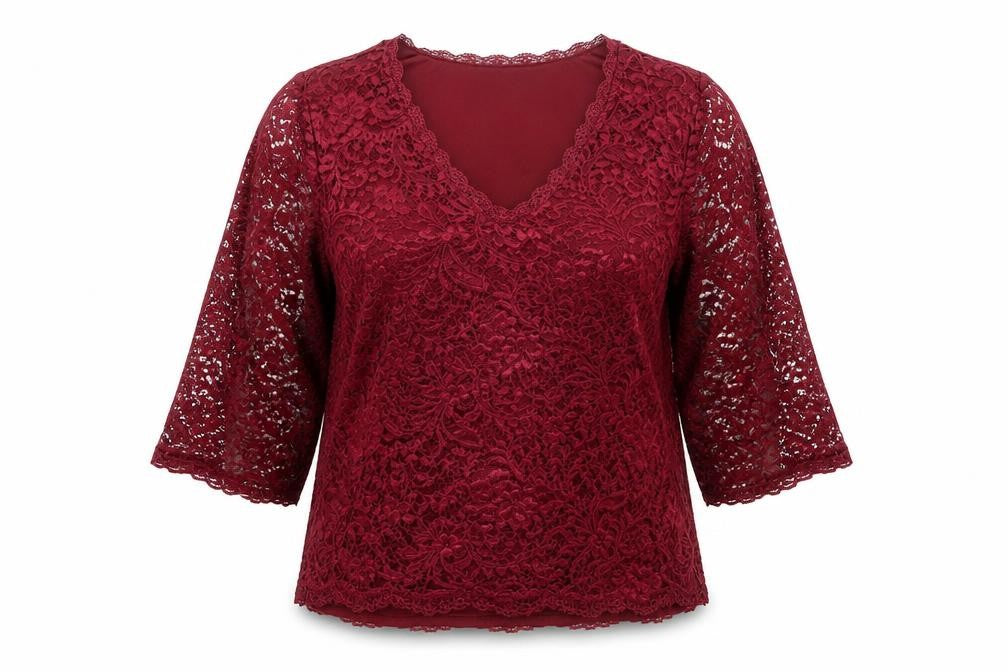Front view of Roz & Ali Women's Red Lace 3/4 Sleeve V-Neck Blouse, size L